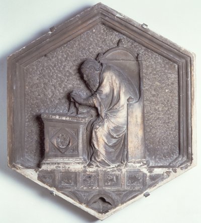 Die Kunst der Architektur, sechseckige dekorative Reliefkachel aus einer Serie, die die Praktiker der Künste und Wissenschaften darstellt, möglicherweise basierend auf Entwürfen von Giotto (ca. 1266-1337) ca. 1334-1348 von Andrea Pisano